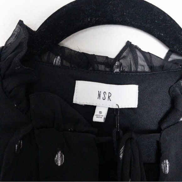 NWT NSR Emma Long Sleeve Ruffle Trim Smocked Mini Dress S Black Clip Dot - Picture 4 of 8